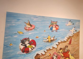 [쇼벨] '동물들을 의인화하는 화가' 박정일 전시회 "고양이, 강아지들이 해변가 · 스키장에서 뛰놀며 바캉스 중 "
